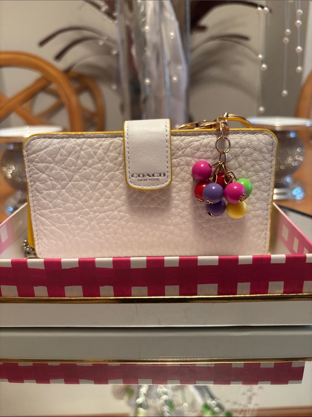 NWT in Box Coach White Pebbled Leather Wristlet Wallet with Yellow Trim